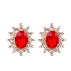 Oval Stud Gold Rhinestone Earrings - Red